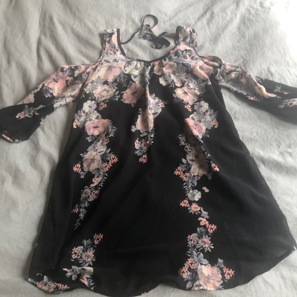 XS Black pink floral cold shoulder dress